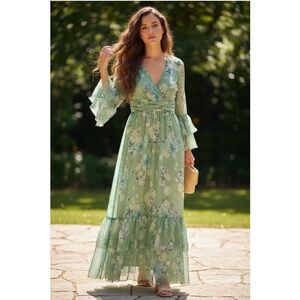 NWT Mac Duggal Dress Chiffon Flounce Maxi Ruffle Sleeve in Green Floral